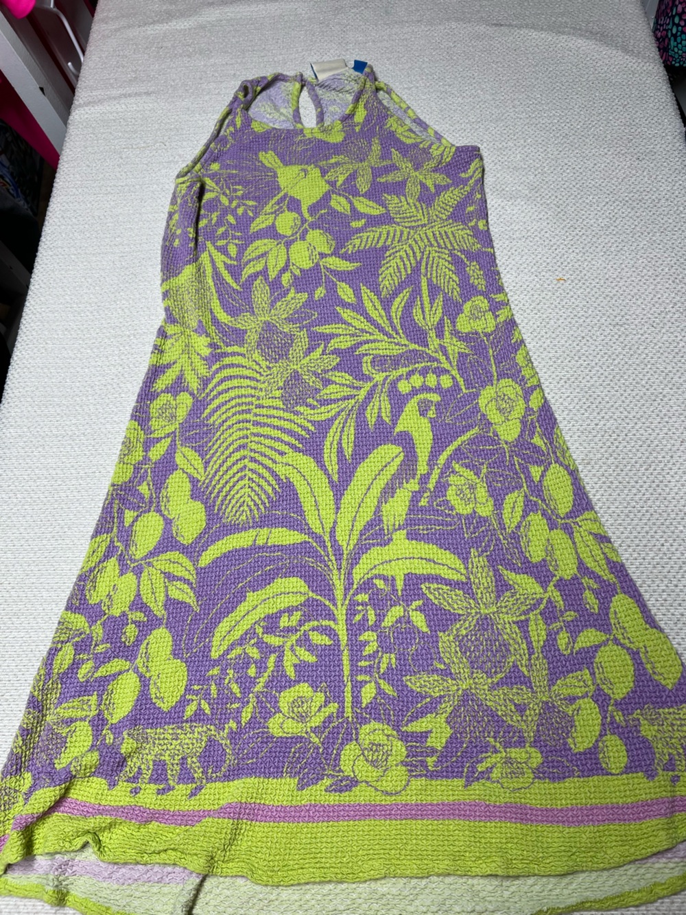 FARM Rio for Anthropologie purple and green tropical print knit midi dress XL